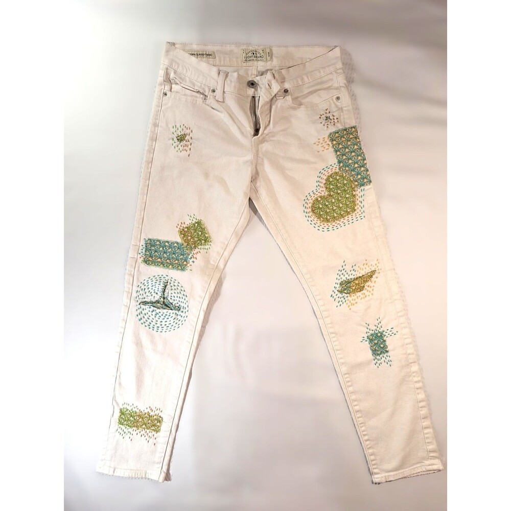 Upcycle Mid-rise 2/26 White Lucky Ankle Jeans Sashiko Sienna Slim Boyfriend OOAK